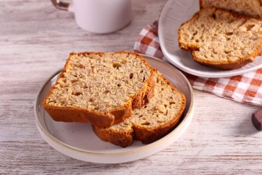 Banana nut bread, sliced and served