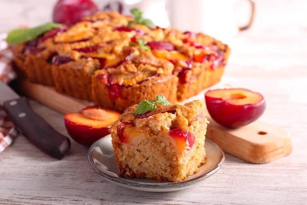 Homemade Plum Cake Sliced Served — Fotografia de Stock