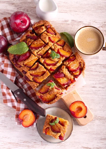 Homemade Plum Cake Sliced Served — Stok fotoğraf