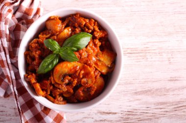 Mushroom, beef mince and eggplant stew