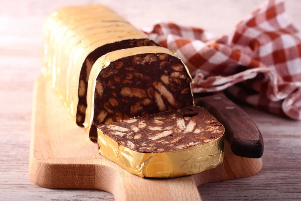 Choklad Salami Söt Dessert Från Kakao Och Kex — Stockfoto