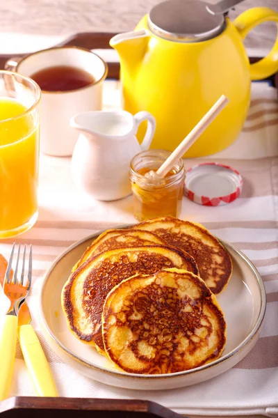 Orange Scotch Pancakes Served Tray Honey Tea Orange Juice Breakfast — Stock Photo, Image