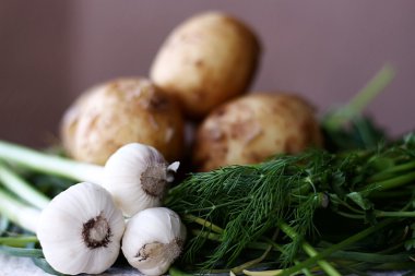 patates, genç sarımsak, yeşil, yalıtılmış,