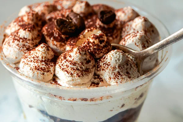 Served Italian Dessert Tiramisu Cream Cocoa Powder Plastic Take Away Stock Image
