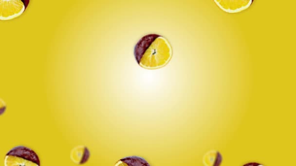 不同直径的橙片在白色橙色圆形梯度背景上漂浮 旋转切片水果的动画 Uhd镜头 — 图库视频影像
