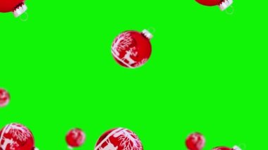 İzole edilmiş arka planda yeşil ekranda farklı çaplara sahip kırmızı, beyaz bir noel topu uçuyor. Arkaplan kalıbı hareket ediyor. Animasyon Arka plan. Yüksek kalite 4 bin Noel görüntüsü..