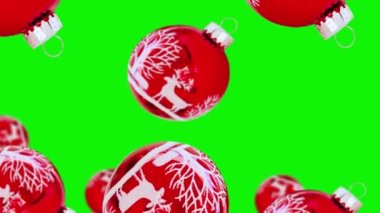 Farklı çapta Uçan Cam Beyaz Noel ağacı oyuncağı izole edilmiş arka planda yeşil ekranda. Arkaplan kalıbı hareket ediyor. Animasyon Arka plan. Yüksek kalite 4 bin Noel görüntüsü..
