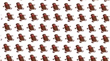 Beyaz arka planda hareketli, yatay Noel çikolatalı kurabiye deseni. Kusursuz desen. Yüksek kalite Noel tatlısı görüntüleri.