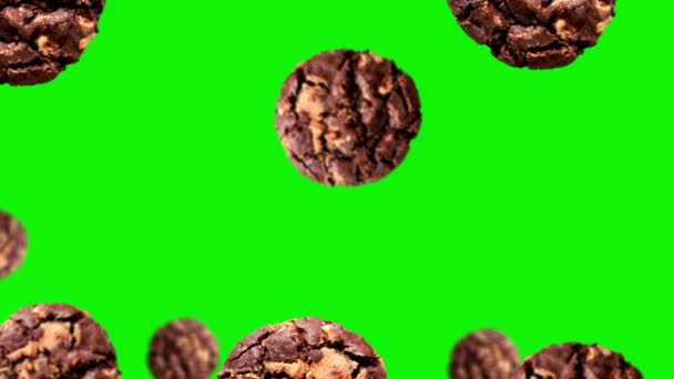 Летающий Шоколадный Чипс Разных Диаметров Зеленом Экране Изолированном Фоне Движущийся — стоковое видео