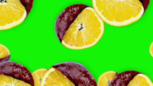 Voler Nombreuses Tranches Oranges Chocolat Différents Diamètres Sur Écran Vert — Video