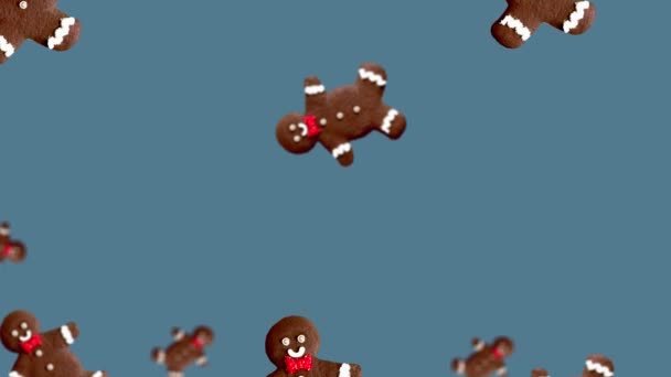 Flygande Pepparkaksmannen Jul Pepparkakor Olika Diametrar Flytta Till Centrum Trendblå — Stockvideo