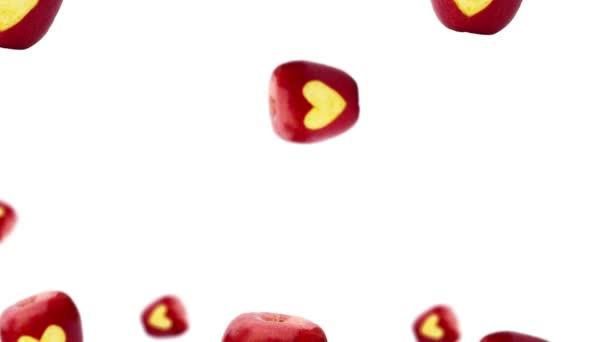 Stream Many Different Diameters Juicy Red Apple Representing Love White — Stock Video