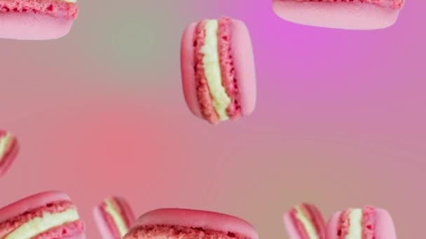 Pink Macaroons Heart Cookie Latające Poruszać Się Trendów Różowy Kolorowe — Wideo stockowe