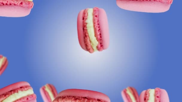 Macaron Rosa Cookie Volare Dimenarsi Trend Sfondo Animazione Colorata Pasticceria — Video Stock
