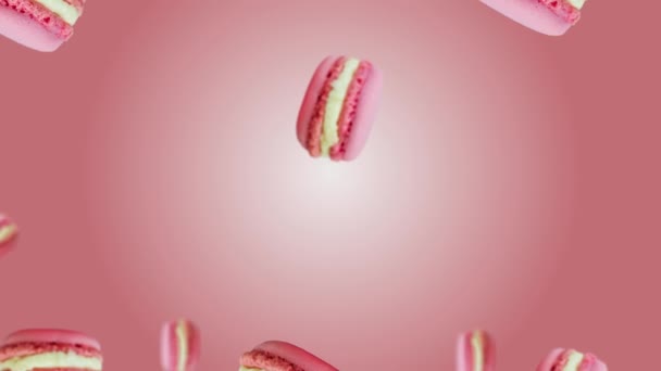 Roze Macarons Hart Koekje Vliegen Wiebelen Trending Roze Kleurrijke Animatie — Stockvideo