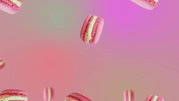 Galleta Macarrones Rosados Volando Moviéndose Fondo Animación Colorido Rosa Tendencia — Vídeo de stock