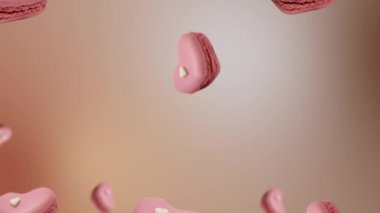 Pembe kalp şeklinde tatlı badem kurabiyeleri uçar ve doğal bej arka planda sallanır. Fransız kurabiyesi tatlı bir krema bazlı şekerdir. Sevgililer Günü, Tarih, Düğün, Aşk Hediyesi. Pasta dükkanı kartı.