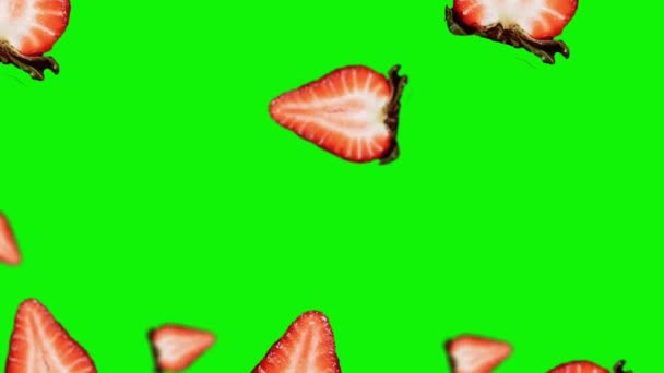 Animated Strawberry Slices Green Leaves Flying Wigglein Air Isolated Background — Stock Video