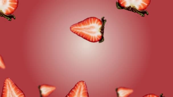 Flying Wiggle Different Diameters Half Strawberries Green Leaves Trending Pink — Stock Video