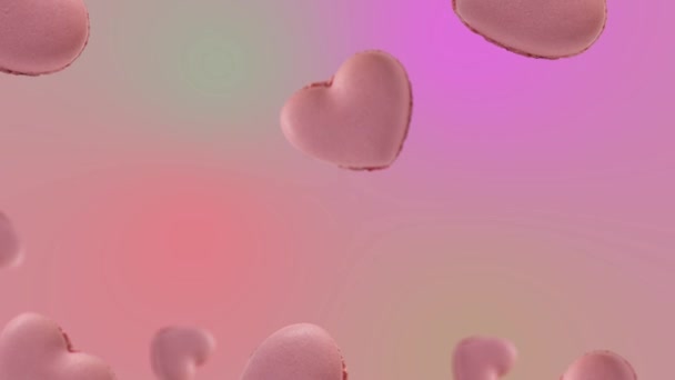 Macarrones Rosados Galleta Del Corazón Volando Meneándose Fondo Animación Colores — Vídeos de Stock
