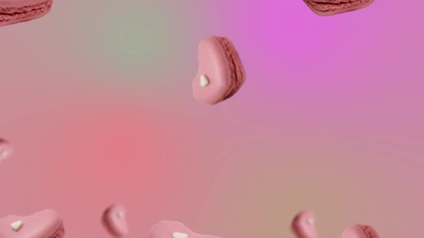 Macaron Rosa Biscotto Cuore Volare Dimenarsi Trend Rosa Sfondo Animazione — Video Stock