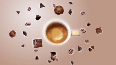 Farklı yönlere hareket et çikolata parçacıkları ve bej renkli arka planda kızarmış kahve çekirdeği patlaması, bir fincan kahvenin etrafında uçmak. Sabah enerjisi ve neşesinin sembolü olarak animasyon.