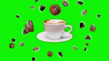Animasyon çikolata kırıntıları ve farklı yönlerden kahve çekirdekleri Yeşil Ekran 'da bir fincan Capuccino kahvesi etrafında hareket eder ve havada sallanır. Sabah için pankart Kahvaltı içeceği kafeterya şablonu.
