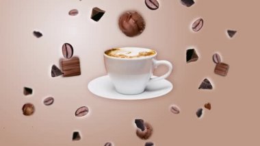 Farklı yönlere hareket et çikolata parçacıkları ve bej renkli arka planda kızarmış kahve çekirdeği patlaması, bir fincan kahvenin etrafında uçmak. Animasyon sabah enerjisinin ve neşenin sembolü.