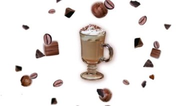 Farklı yönlere ve boyutlarda çikolata parçacıkları ve beyaz arka planda kahve çekirdekleri. Yaratıcı Hareket Tasarım Şablonu Günaydın Yemek İçeceği Kahve Dükkanı. 