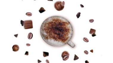 Farklı yönlere ve birçok çapta çikolata parçacıkları ve kavrulmuş kahve çekirdekleri izole arka planda düşerek bir bardak Capuccino 'nun etrafında uçar ve kıpırdarlar. Sabah enerjisinin sembolü olarak canlandırma