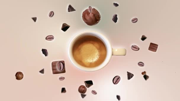 巧克力碎屑和咖啡豆在浓郁的彩色动画背景下 在一杯又一杯的浓缩咖啡中飘扬 飞行动作图解振奋人心早晨好 — 图库视频影像