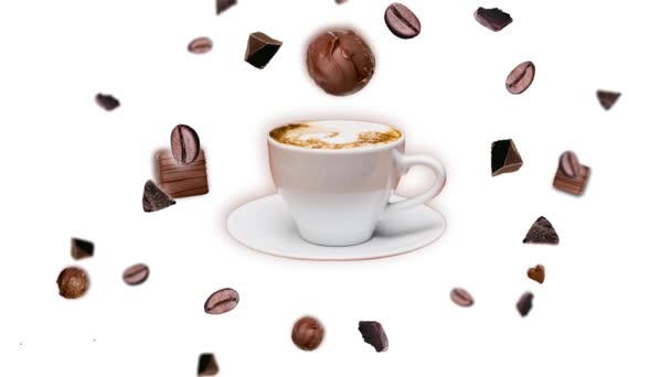 Flusso Molte Direzioni Dimensioni Diverse Gocce Cioccolato Chicchi Caffè Uno — Video Stock