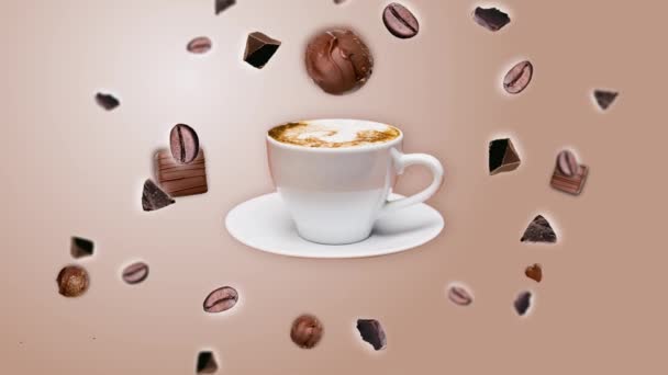 Chocolade Kruimels Koffiebonen Explosie Wiebelen Rond Een Kopje Koffie Een — Stockvideo