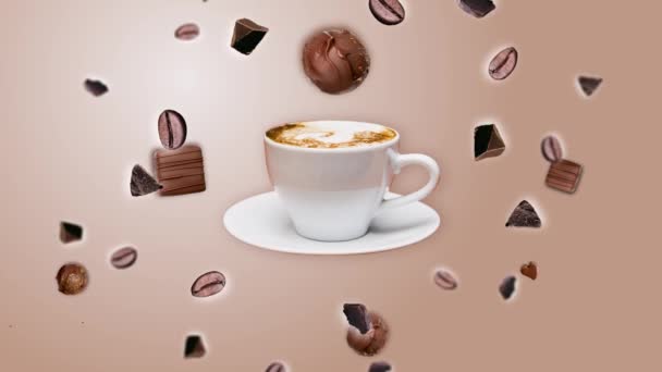 異なる方向に移動チョコレートチップとローストコーヒー豆は コーヒーカップの周りを飛んで ベージュグラデーションの背景に爆発します 朝のエネルギーと陽気やイーブンの象徴としてのアニメーション — ストック動画