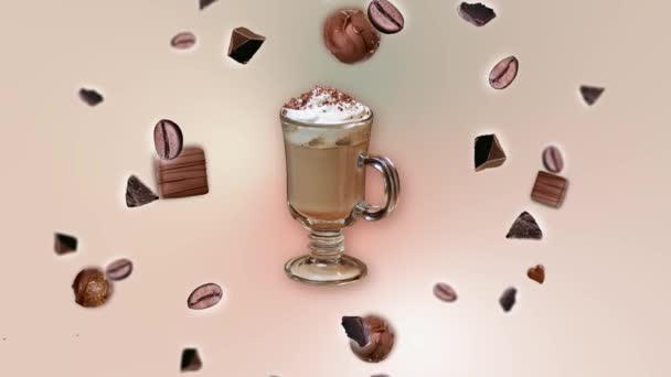 最小运动设计图形4K食物动画 巧克力碎屑和咖啡豆爆裂 在趋势渐变的背景下在一杯咖啡周围移动 令人精神抖擞的早上好 — 图库视频影像