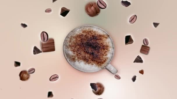 Chocolade Kruimels Koffiebonen Vliegen Lucht Tussen Gemalen Kopje Espresso Koffie — Stockvideo