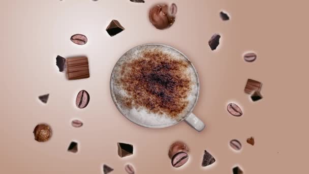 移动不同方向的巧克力片和烤咖啡豆爆炸米色梯度背景 飞来飞去一杯卡布奇诺 动画是早晨精力和欢乐的象征 — 图库视频影像