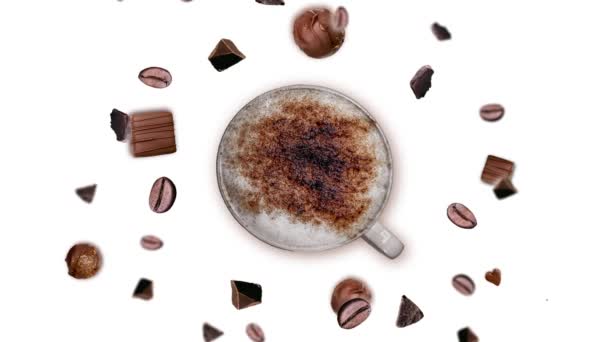 Cioccolato Briciole Chicchi Caffè Esplosione Muoversi Intorno Una Tazza Caffè — Video Stock