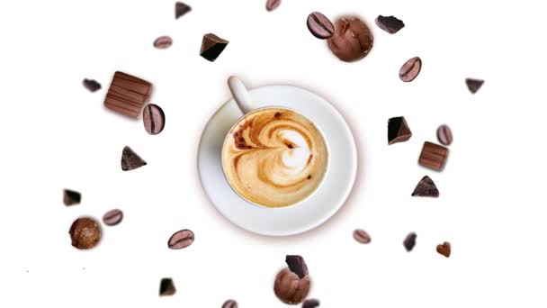 许多不同方向和尺寸的巧克力片和咖啡豆在白色背景上流动 晨膳饮料咖啡店创意动作设计模板的概念 — 图库视频影像