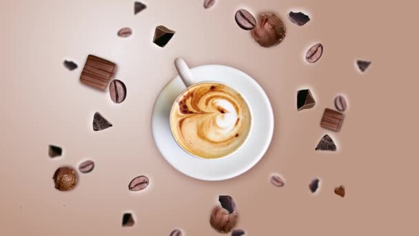 巧克力碎屑和咖啡豆在自然米色渐变的背景下爆炸 在一杯咖啡周围打滚 悬浮动画的概念 早餐热饮料 卡布奇诺 — 图库视频影像