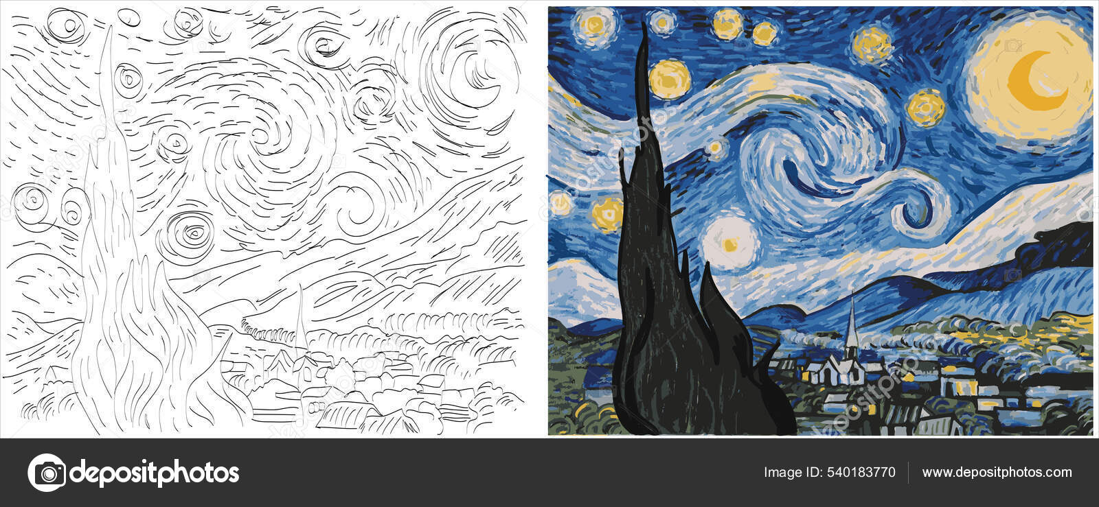 Coloring Page Starry Night Based Vincent Van Gogh's Painting Stock