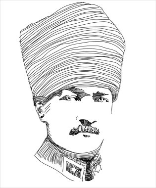 Mustafa Kemal Ataturk and turkish flag line art illustration, Founder of Turkish Republic, Leader