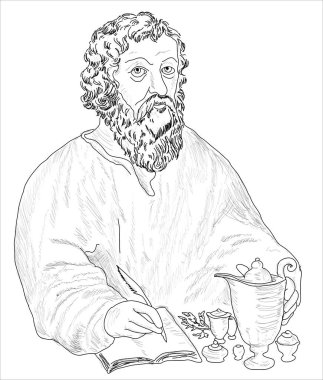 Hippocrates (460-370 BC) portrait in line art illustration.