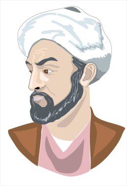 Avicenna / ibni sina (980-1037) portrait in cartoon art illustration.