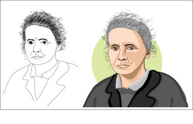 Poland, Warsaw, USA November 7, 1932 Marie Curie . vector sketch portrait illustration