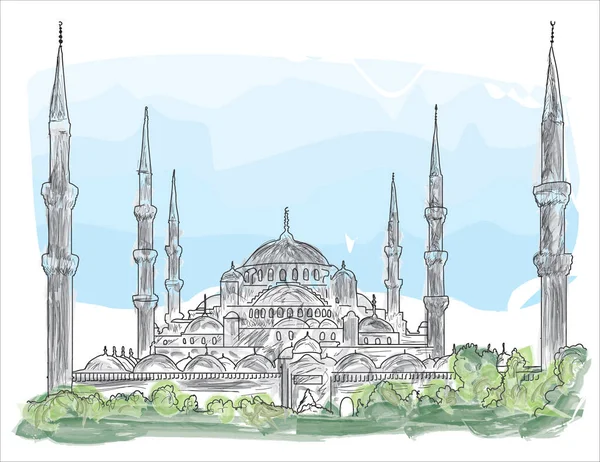 Sultanahmet Camii Hand Drawing Mosque Vector Sketch Drawing —  Vetores de Stock