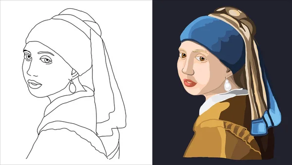 Girl Pearl Earring Johannes Vermeer Hand Drawn Vector Girl Pearl — Stockvector