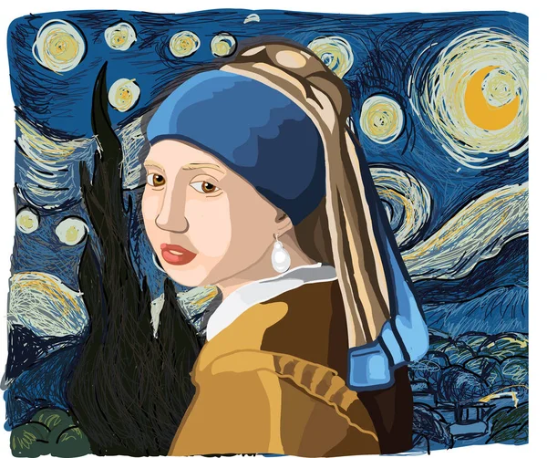 Girl Pearl Earring Starry Night Chart Hand Drawing Vector — Vettoriale Stock