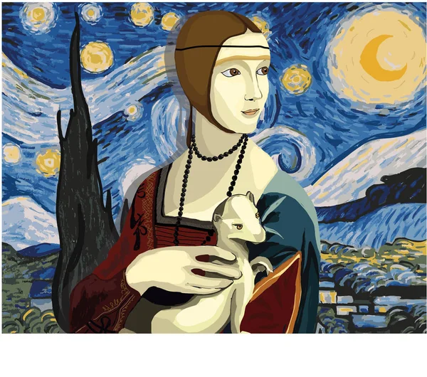 Modern Vector Illustration Lady Ermine Leonardo Vinci Starry Night Background — 스톡 벡터