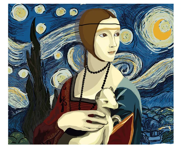 Modern Vector Illustration Lady Ermine Leonardo Vinci Starry Night Background — Stockvector
